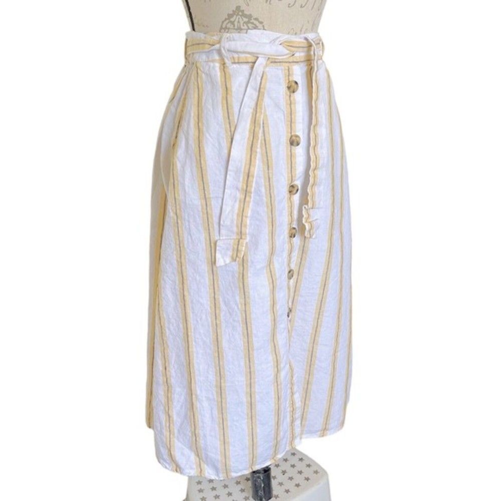 Cynthia Rowley Womens Skirt 100% Linen Striped Yellow Pockets Tied Midi Medium - Picture 3 of 12